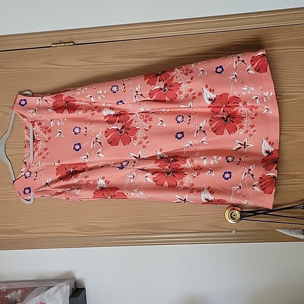 Taylor sleeveless dress. 16w carnation pink with bold flowers.